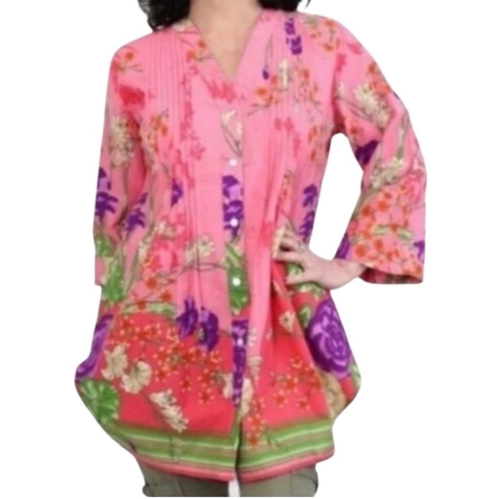 Soft Surroundings Pink Colorful Floral Pleat Front Tunic Blouse